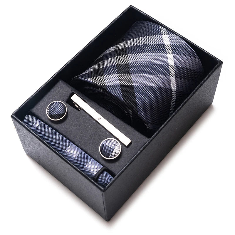 Luxurious Dropshipping 8 cm Birthday Gift Silk Tie Hanky Pocket Squares Cufflink Set Tie Clip Necktie Box Geometric