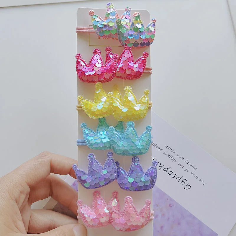 12PCS New Colorful Sequin Heart Star Crown Girls Cute Kids Elastic Hair Bands Hair Accessories Children Hair Ties Baby Headwear