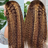 Curly Highlight 13x4 Lace Front Human Hair Honey Brown Deep Water Lace Front Human Hair Wigs  Brazilian Remy 180% For Women