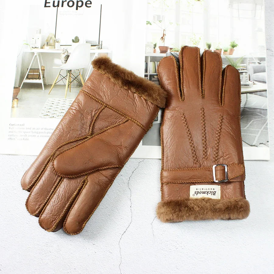 Sheepskin Fur Gloves Men's Thick Winter Warm Large Size Outdoor Windproof Cold Hand Stitching Sewn Leather Finger Gloves