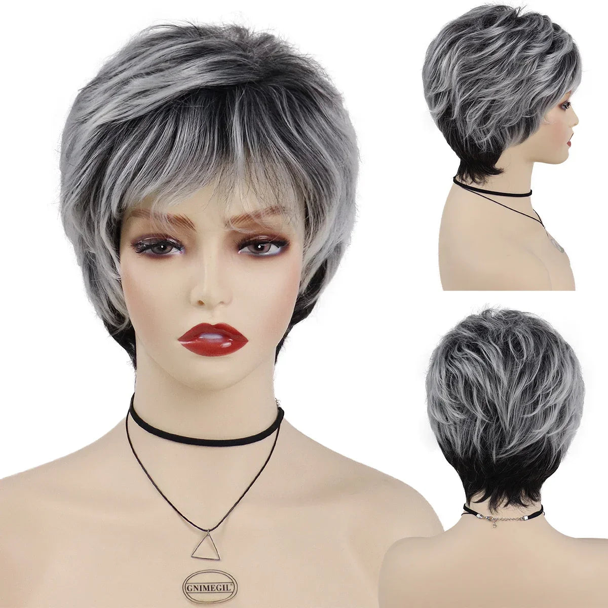 GNIMEGIL Synthetic Short Pixie Cut Wig Women Natural Hairstyle Bangs Wig Blonde Mix Brown Soft Straight Wig for Chemo Patient