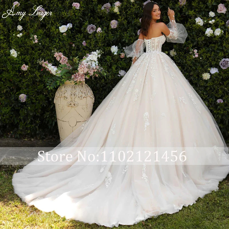 AmyLvager Charming Sweetheart Lace Up Ball Gown Wedding Dress 2024 Gorgeous Appliques Long Sleeve Princess Bridal Gown Customize