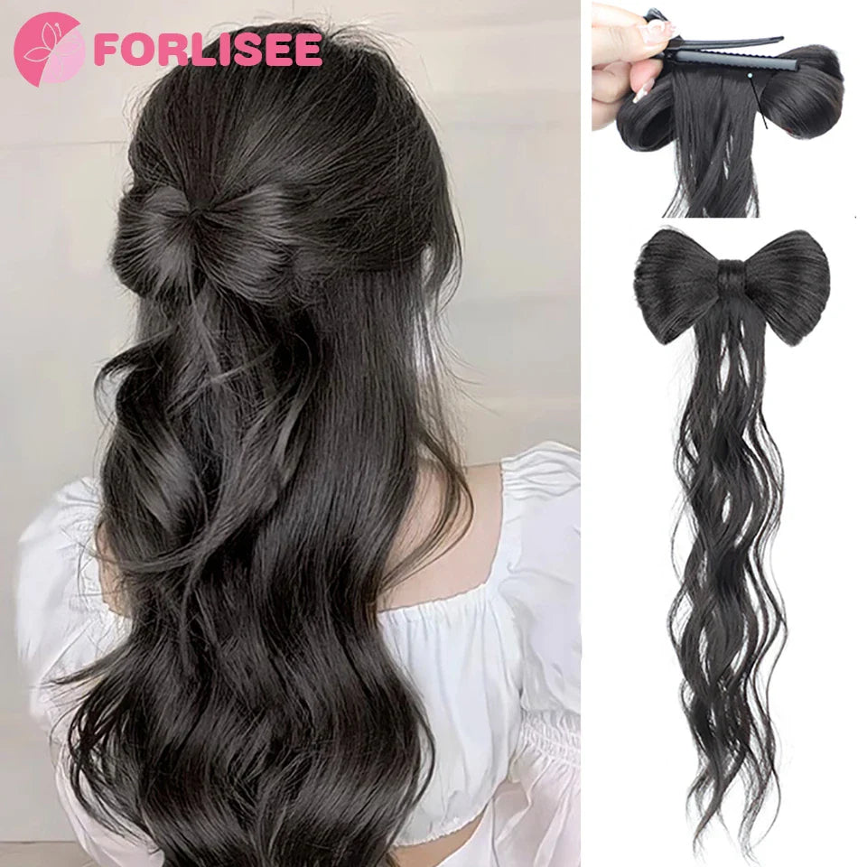 FORLISEE Bowknot Half-tie High Ponytail Wig Clip Hair Bag Meatball Head Hanfu Braid Wig Braid Ponytail