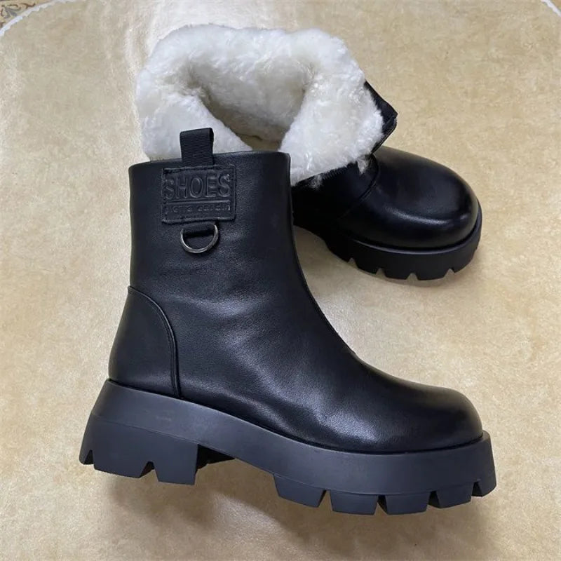 Chunky Heel Platform Women Shoes 2023 New Round Toe Winter Short Plush Women's Boots Simple Fashion Zipper Boot Zapatos De Mujer