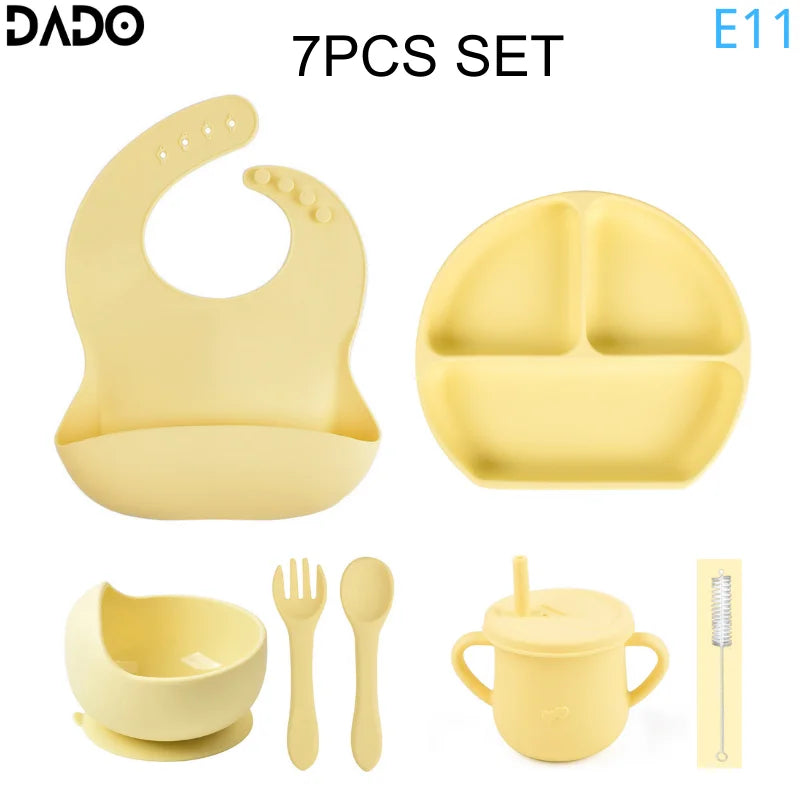 Baby Feeding Set Silicone Suction Bowls Divided Plates Straw Sippy Cup Toddler Self Eating Utensils Dishes Kit Bibs Spoons Fork