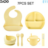 Baby Feeding Set Silicone Suction Bowls Divided Plates Straw Sippy Cup Toddler Self Eating Utensils Dishes Kit Bibs Spoons Fork