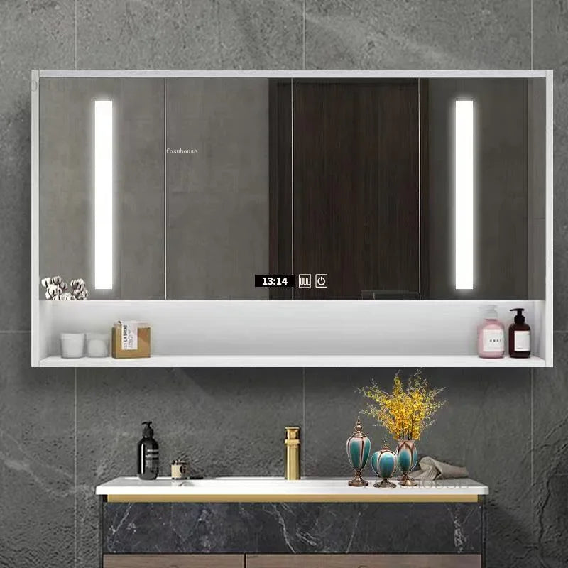 Luxury Smart Bathroom Mirror Cabinets Simple Apartment Dormitory Storage Shelf modern Solid Wood Hotel Toilet Cabinet with lamp