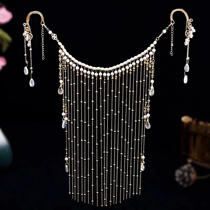 Antique Chinese Style Face Curtain Hanfu Hair Accessories Girl Long Tassel Beaded Step Shake Ears Hanging Party Headband Jewelry