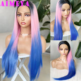 AIMEYA Ombre Blue Synthetic Lace Front Wigs for Women Dark Roots Pink Blue Wig Long Silky Straight Colorful Wigs Ombre Pink Wig