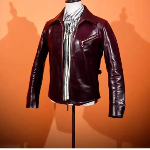 YR!Free shipping.Luxury oil top grain horsehide coat.Mens 1930 Rider leather jacket.Burgundy Vintage leather Can Wear 50 years