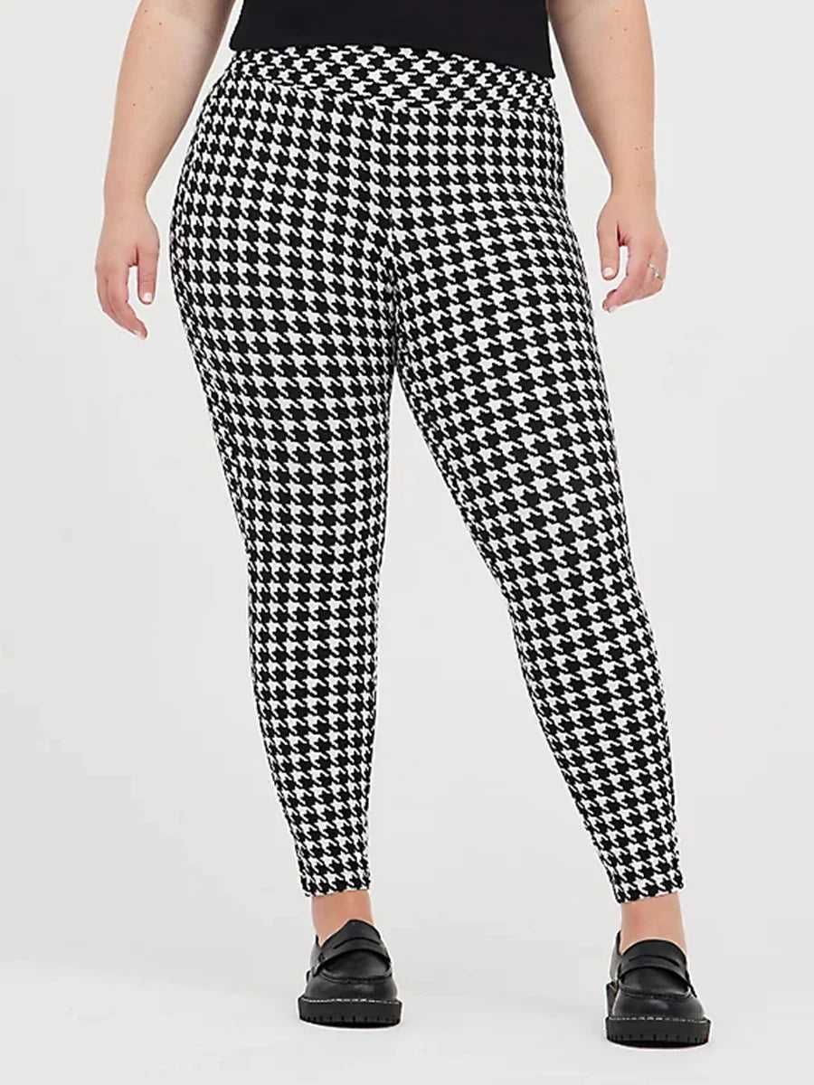 Plus Size Houndstooth Print Summer Spring Leggings Women High Elastic Waist Skinny Pencil Pants Female Large Size Capri 7XL 8XL