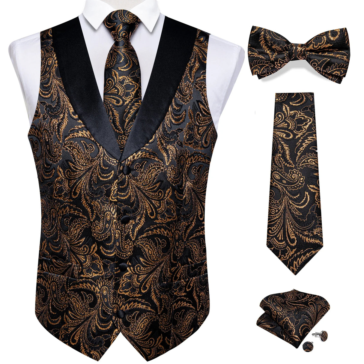 Brand Suit Vest Set For Men Luxury Silk Black Gold Paisley Dress Vest Tie Cufflinks Handkerchief Set Male Sleeveless Waistcoat