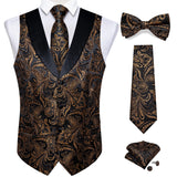 Brand Suit Vest Set For Men Luxury Silk Black Gold Paisley Dress Vest Tie Cufflinks Handkerchief Set Male Sleeveless Waistcoat