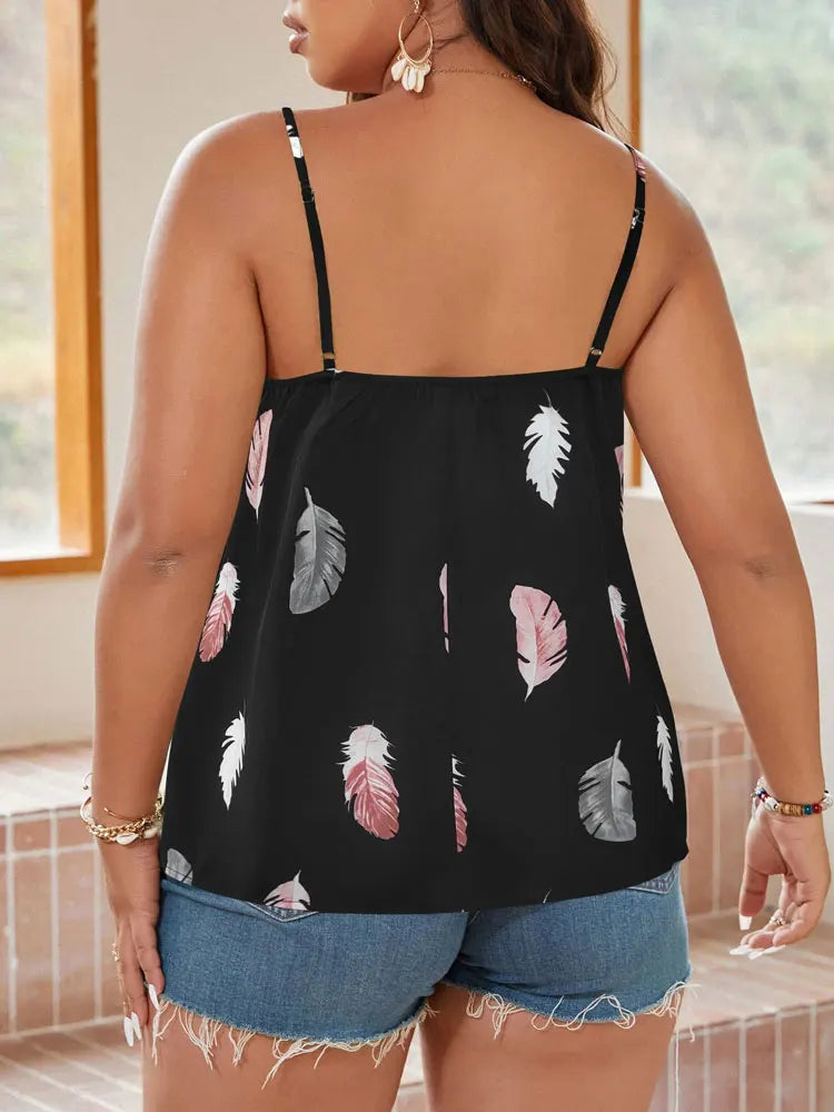 Women's Curve Feather Pattern Knit Tanks and Camis Plus Size Casual Backless Printed U-Neck Black Female Clothing Free Shipping