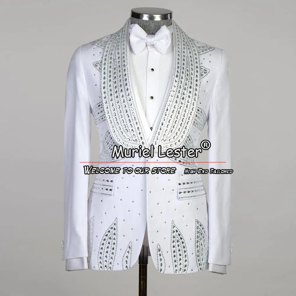 White Suits For Men Wedding Luxury Heavy Beading Blazer Formal Groom Wear Tuxedo 3 Pieces Male Fashion Banquet Prom Party Dress