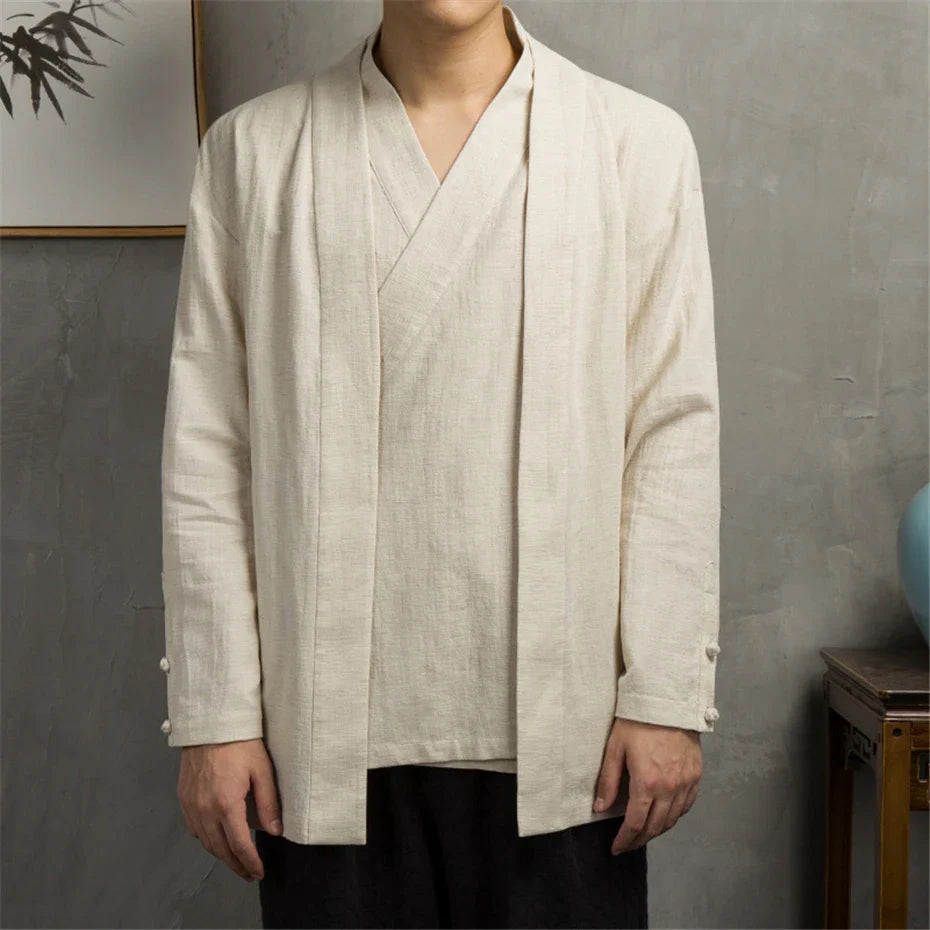 Linen Shirt Jacket Men Spring Autumn Two-layer Shirt Vintage Chinese Style Long Sleeve Shirts Male