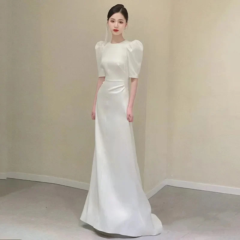 Bride French White Wedding Dress Women Sexy Backless Satin Half Sleeve Mermaid Dresses Elegant Evening Guest Long Party Dress