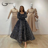 Black Square Collar Seuqined Moroccan Caftan Evening Dresses for Women Dance Full Sleeve A Line Ankle Length Prom Gowns Summer