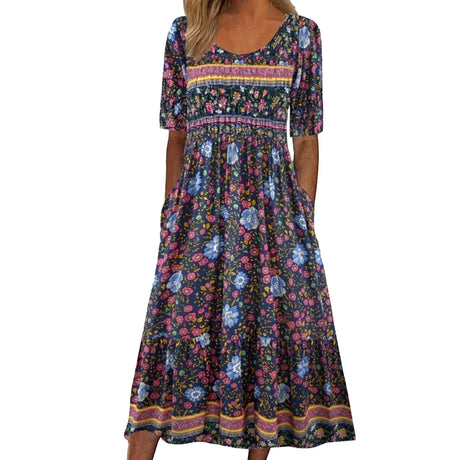 2023 Vintage Boho Stripe Print Women Sundress Summer Fashion V-Neck Short Sleeve Dress Elegant Ladies Midi Dress Femme Vestidos