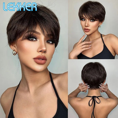 Lekker Wear and Go Golden Blonde Straight Short Pixie Cut Bob Human Hair Wig With Bangs For Women Brazilian Remy Hair Easy Wigs