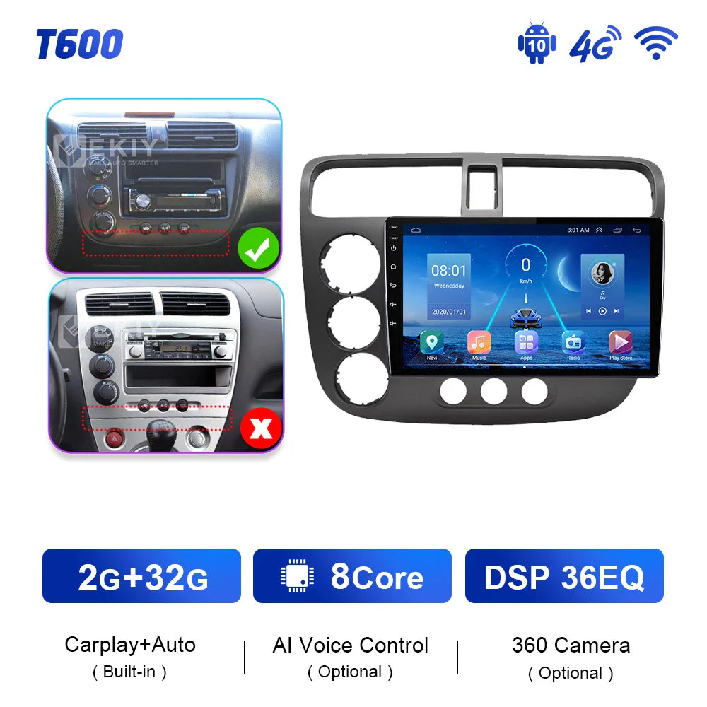 EKIY T900 Android Radio CarPlay Screen For Honda CIVIC Intelligent Car System Multimedia Player 2000-2006 Navigation GPS Stereo