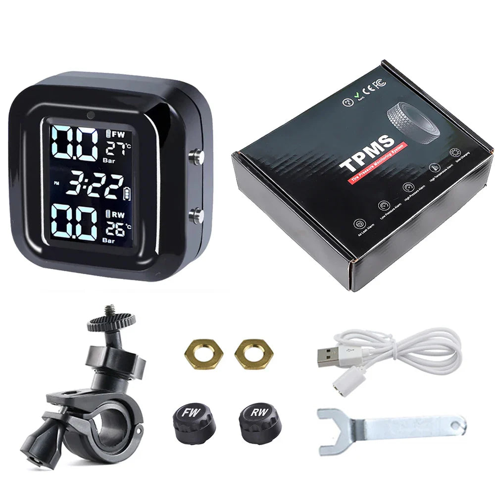 Wireless LCD Display Motorcycle TPMS Tyre Temperature Tester 2 Sensors Dirt Pit Bike Motor Tire Pressure Alarm System Waterproof