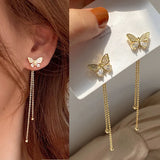 Butterfly Crystal Long Tassel Dangling Earrings For Women Korean Fashion Dainty Gold Plated Drop Earrings Jewelry Accessories