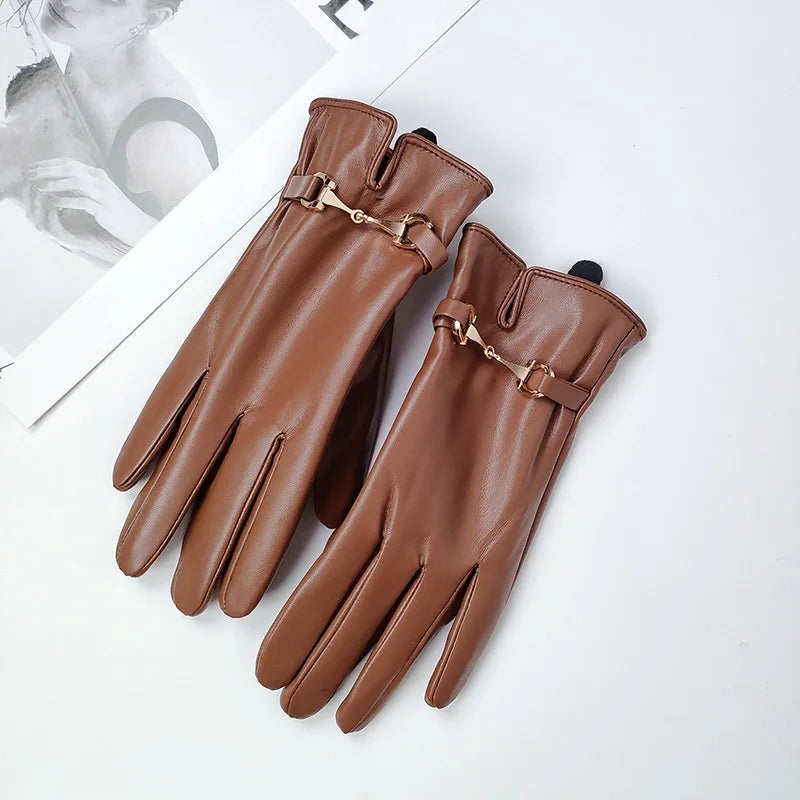 Fashion Chain Women' PU Leather Gloves Winter Warm Plus Velvet Thicken Full Finger Outdoor Riding Touch Screen Driving Mittens