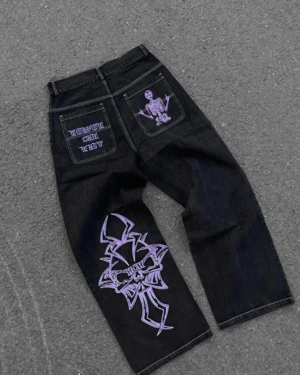 Vintage Gear Patch Punk Jeans High Street Spiderweb Straight Leg Pants Men's Wide Leg Pants Black Cargo Pants Y2k Clothes Baggy