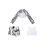 Girls Silver Sequins Jazz Dance Costume Kpop Outfit Tops Vest Shorts Festival Clothing Children Hip Hop Dancing Clothes YS4602