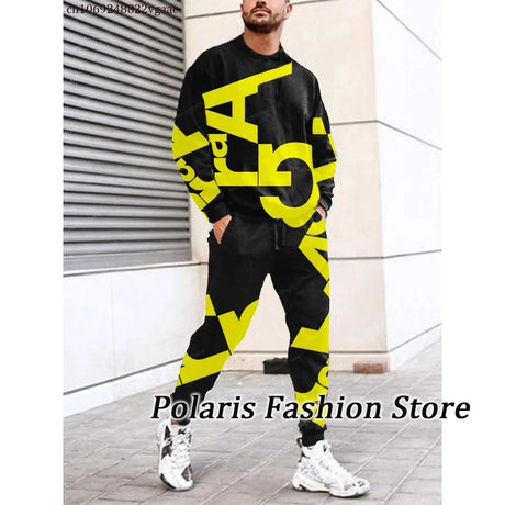 Autumn Black Tracksuit Set For Men 2 Piece Outfit Long Sleeve T Shirt Trousers Pants Sweatpants Jogging Suit Oversized Clothes