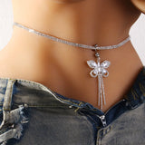 Shiny Rhinestone Butterfly Tassel Waist Chain Sexy Beach Navel Belly Piercing Body Chain Jewelry Accessories for Women