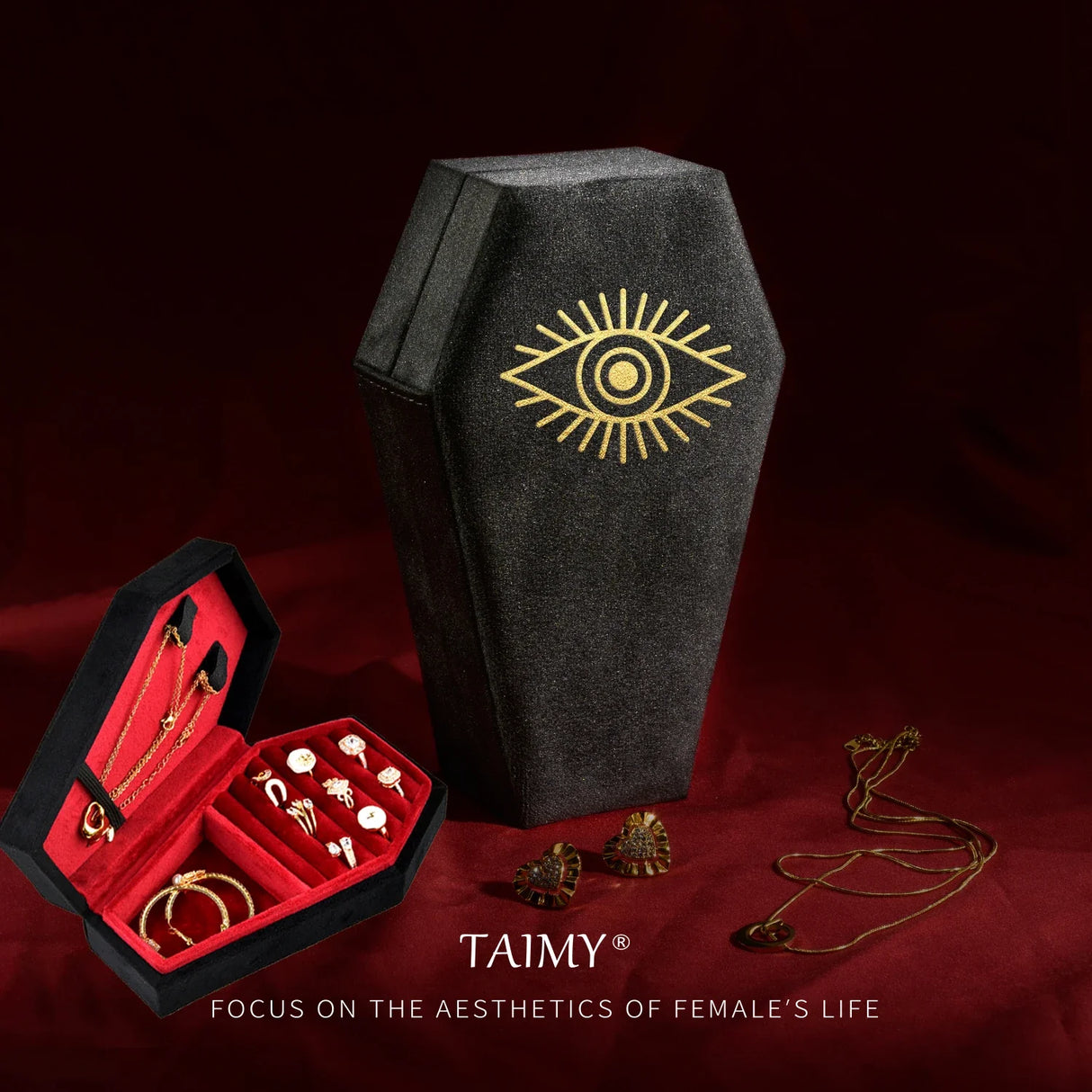 TAIMY Gothic Velvet Jewelry Coffin Shape Ring Necklace Storage Box Logo Custom Display Packaging Case Travel Hip Hop Rap Boxes