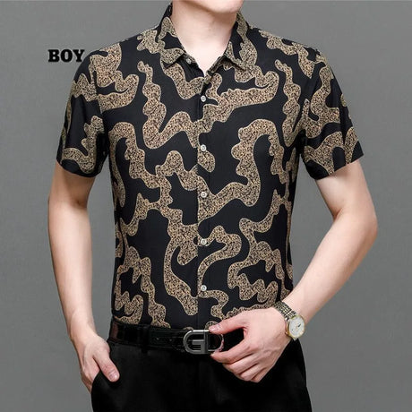 Summer Shirts for Men Short Sleeve Striped Vintage New in Tees Loose Ice Silk Graphic Printed Fashion Polo Collar Casual Tops