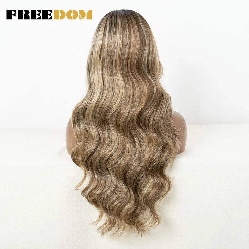 FREEDOM Synthetic Lace Front Wigs for Women C Part Wig Ombre Brown Rose Red Color Body Wave Lace Wigs Highlight Cosplay Wig