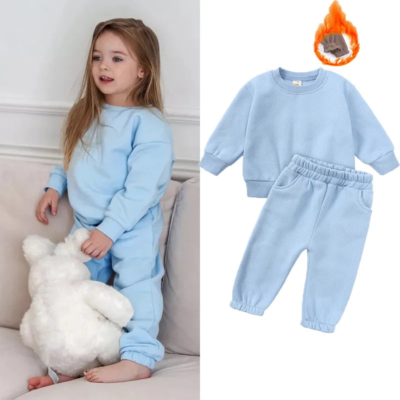 2023 New Arrivals Little Girls Clothing Tracksuit 2 Pieces Set Warm Fleece Plain Top Sweatshirt+Pants Loungewear Suit For Kids