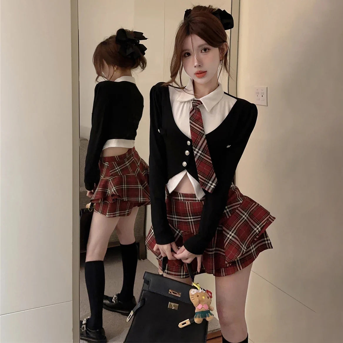 Spicy Girls Uniform Set Women Team Uniform Spring Academic Style Polo Neck Sexy Mini High Waist Plaid Culottes Skirt Red Plaid