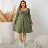 3XL 4XL V-neck Sexy Autumn Plus Size Women Clothing Solid Green Winter Knee-length Dress Square Collar Long Sleeve Sweater Dress