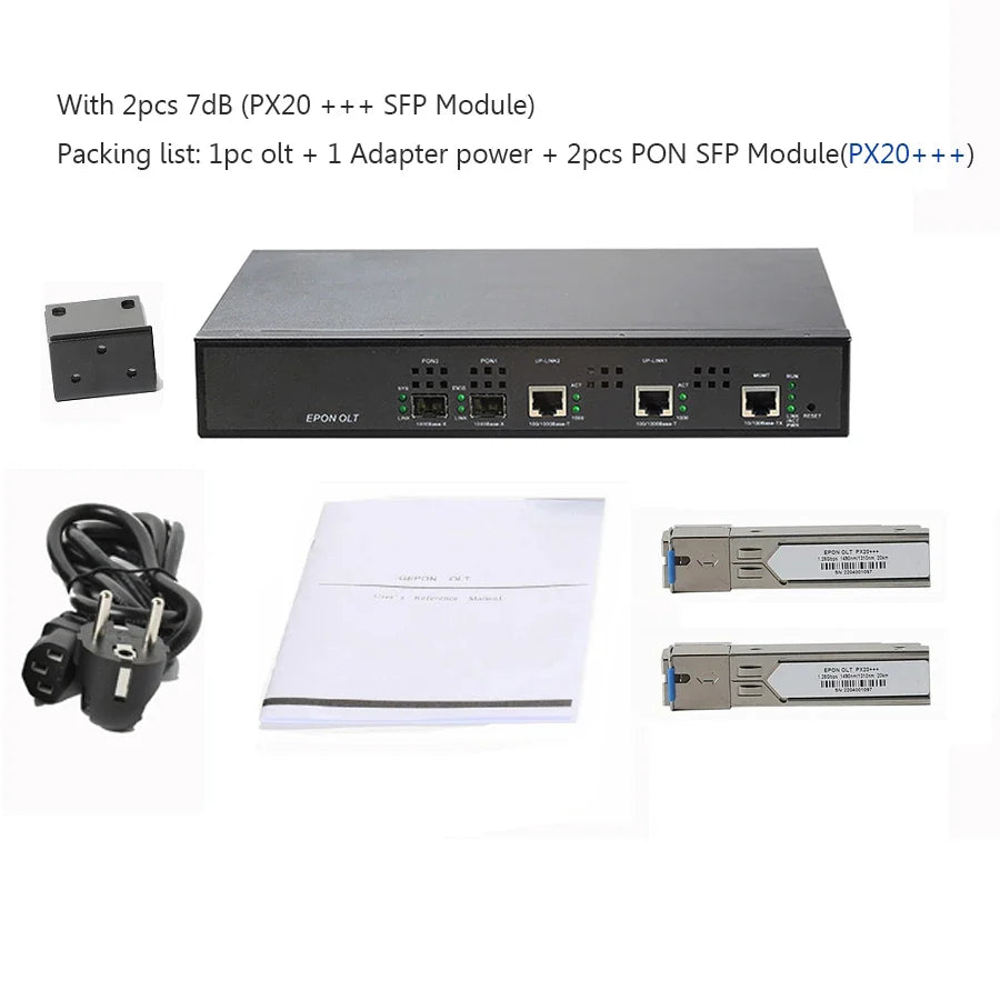 FTTH EPON OLT Fiber Optic Equipment, 2Port, PX20 +++, GBIC, Transmission 20km, Online, 128,Web Management