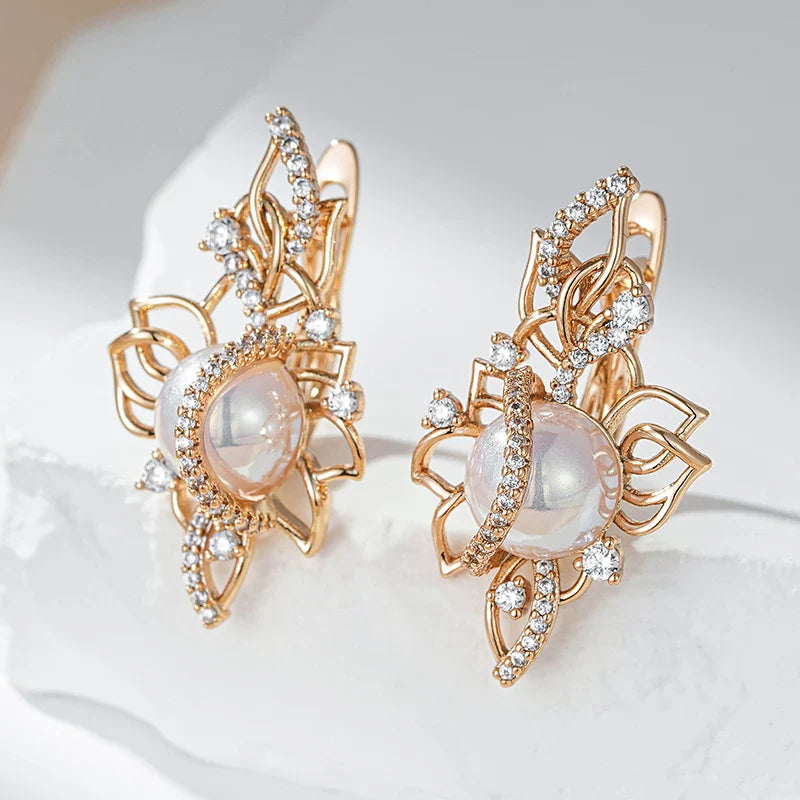 Kinel Luxury 585 Rose Gold Drop Earrings for Women Unique Geometric Hollow Bridal Accessories Natural Zircon Pearl Jewelry Gift