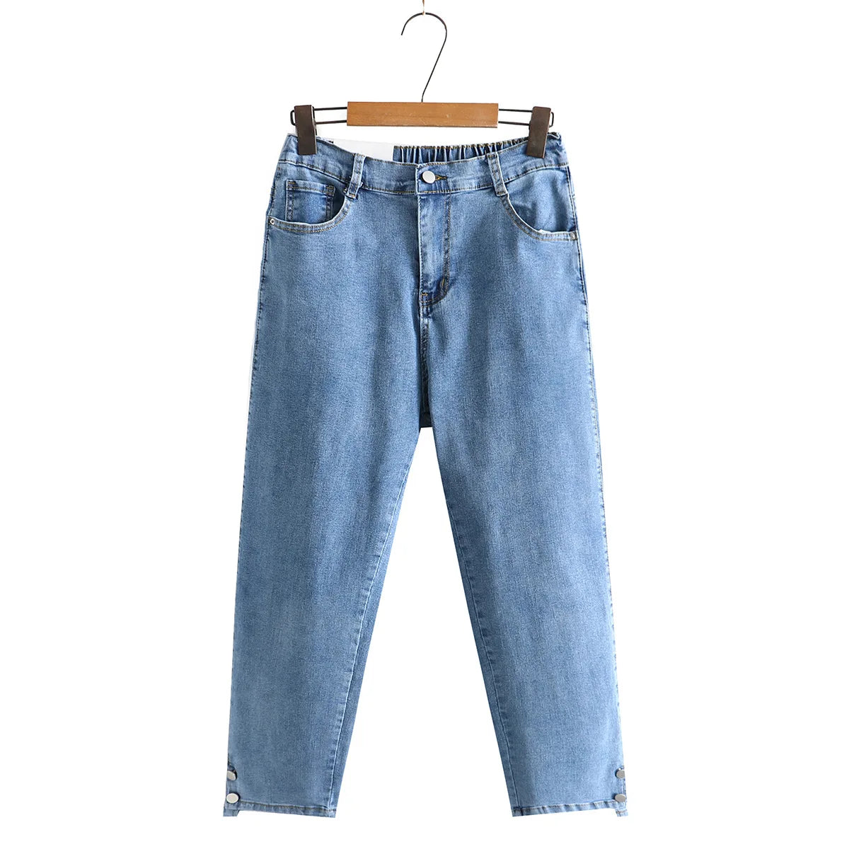 Spring Autumn Clothing Women Drainpipe Jeans Plus Size Brief Denim Cotton Leg Opening Buttons High Waist Stretch Straight Pants