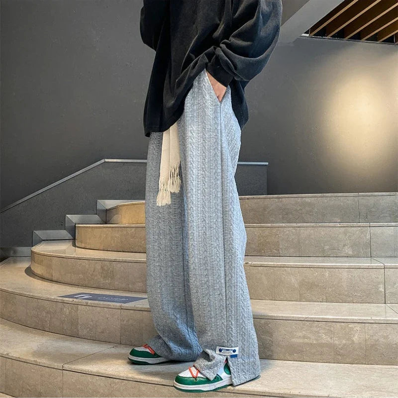 Men High Street Sweatpants Fashion Loose Casual Side Slit Straight-Leg Pants Vintage Blue Jacquard Casual Bottoms Male Clothes