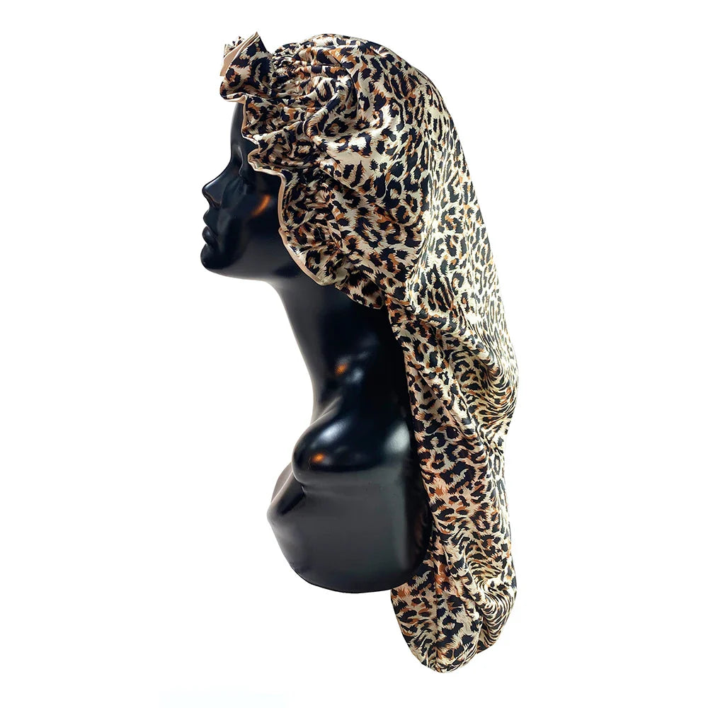 Leopard Print Double Layer Silky Bonnet Adjustable Elastic Band High Quality Satin Nightcap  Free Shipping