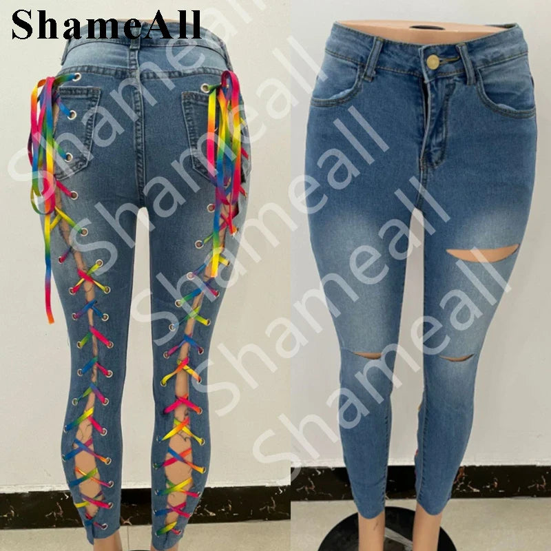 Plus Size Sexy White Blue Hollow Out Denim Capris 4XL Club Women High Waist Ripped Lace Up Bandage Ankle Length Jeans Cropped