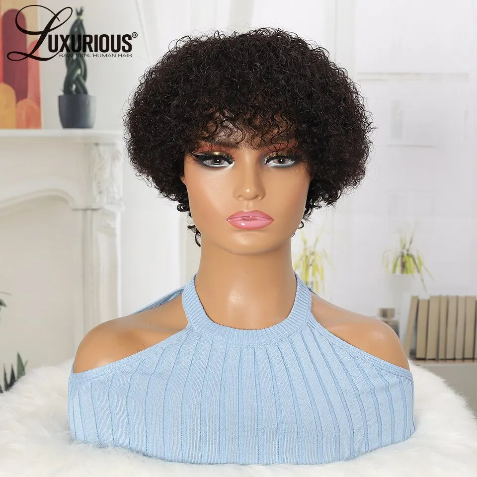 Short Bob Glueless Wig Human Hair Ready To Wear Pixie Cut Wigs With Bang For Women Long Full Machine Made No Lace Human Hair Wig