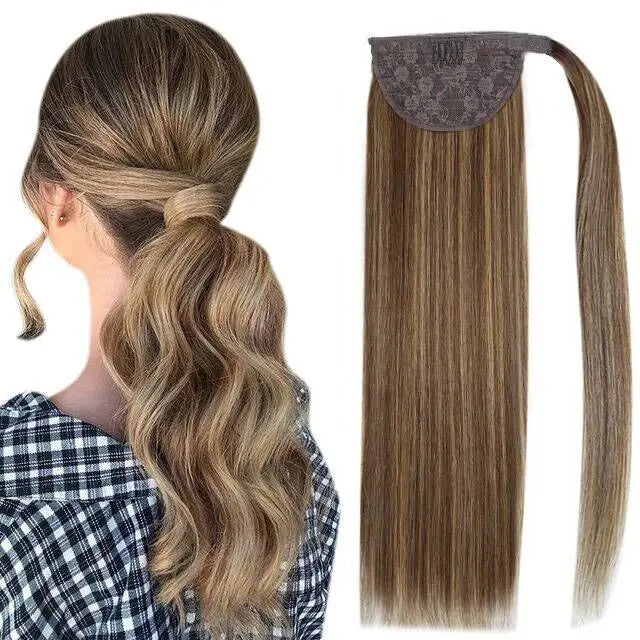 Real Beauty Straight Human Hair Magic Tie Ponytail 100% Remy Human Hair Wrap Around Ponytails Extension for Black Women