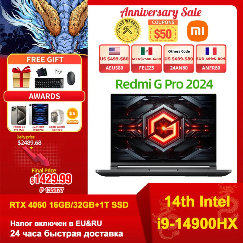 Xiaomi Redmi G Pro 2024 E-Sport Gaming Laptop Intel i9-14900HX 16G/32G 1TB SSD RTX4060 GPU 16" LCD 240Hz Screen Game Notebook