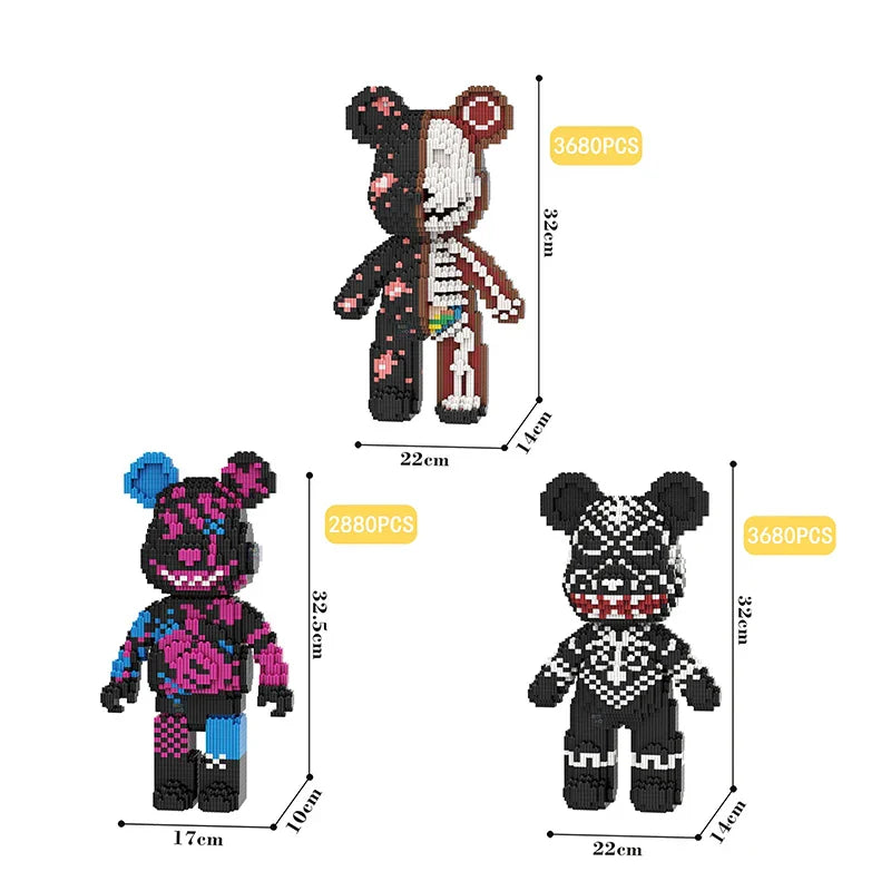 Cartoon Mini Love Violent Bear Bearbrick Colour Model with Light Building Block Micro Diamond Bricks Kids Toys Birthday Gift Set