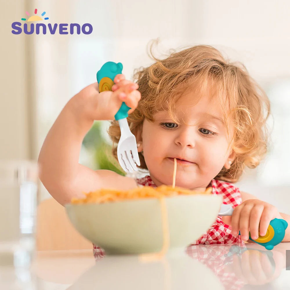 Sunveno Baby Spoon and Fork set Utensils Set Auxiliary Food Toddler Learn To Eat Training Bendable Soft Fork Infant Tableware