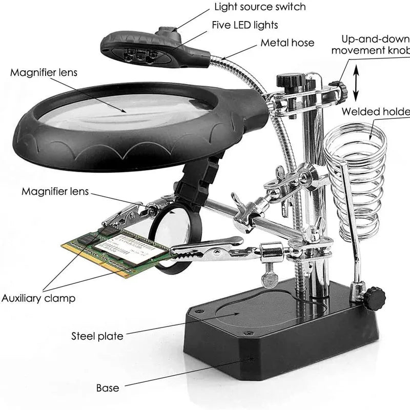 Welding Magnifying Glass LED Light  Auxiliary Clip loupe  Magnifier 3 In1 Hand Soldering Solder Iron Stand Holder Station